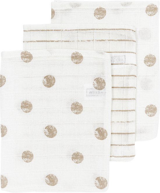 Meyco Baby Dot Stripe washandjes - 3-pack - hydrofiel - sand - 20x17cm