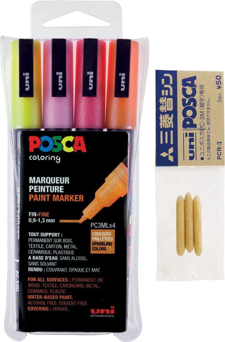 Posca Glitter PC-3ML Marker set – 4 stuks + 3 vervangbare tips