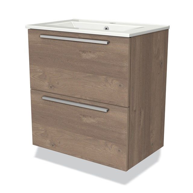 Maxaro Badkamermeubel 60cm Modulo Slim Middenbruin Eiken 2 Lades Vlak Wastafel Keramiek