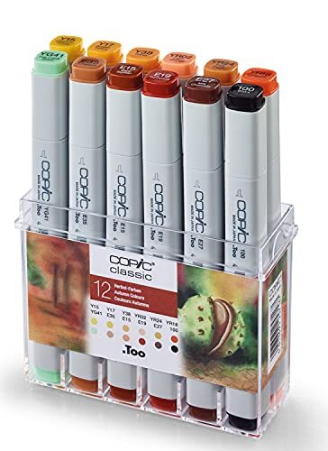 Copic Classic Markers Set van 12 "Autumn Colours", professionele lay-out markers op alcoholbasis met een medium brede en een fijne punt.