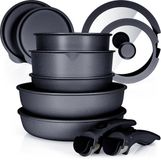 Glissimo Cookware - 15-delige Keramische Pannenset Zwart - Afneembare Handgreep - Non-stick - Pannenset - Geschikt voor alle warmtebronnen - PFAS vrij - BPA vrij - Anti Baklaag - Stapelbaar