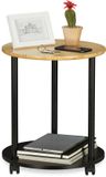 Merkloos Relaxdays bijzettafel rond, met wieltjes, bamboe, 40 cm diameter, zwart/lichtbruin