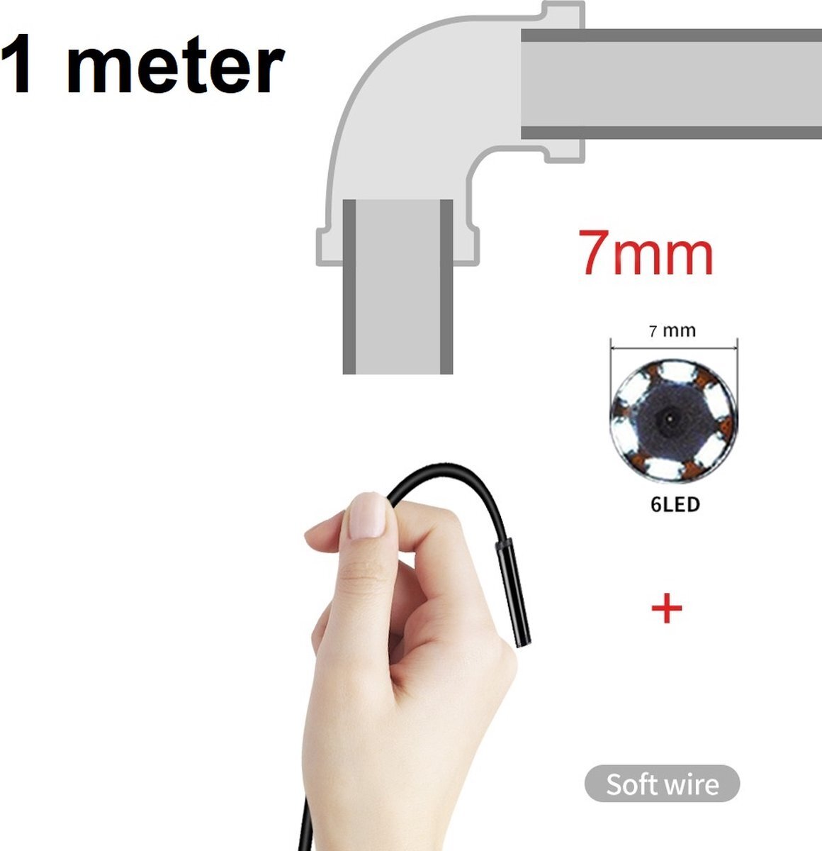 TechU™ Mini Endoscoop met Camera – 1 meter lang – 7mm Diameter Softwire – IP67 Waterdicht – Zachte Kabel met USB Aansluiting