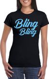 Bellatio Decorations Verkleed T-shirt dames - bling - zwart - blauw glitter - carnaval/themafeest M