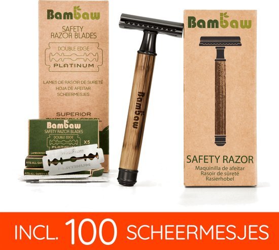 Pack Bamboe Safety Razor met 100 Scheermesjes | Slim Zwart | Houten Traditionele Scheermes | Duurzaam Geschenkset vrouwen en mannen  | Cadeau voor Feesten  |  100 Scheeremesjes | Set Cadeau voor man | Bambaw