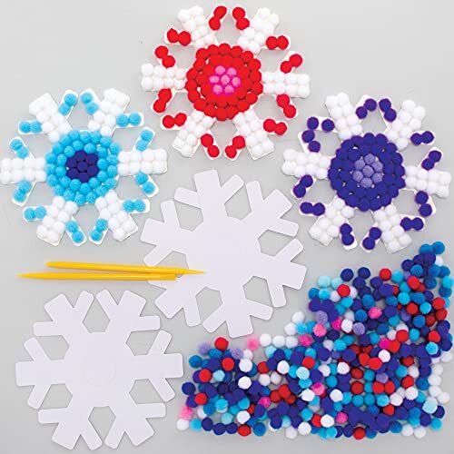 Baker Ross FE899 Sneeuwvlok Pom Pom Kunstpakketten - Set van 5, Ontwerp je eigen kerstdecoraties, Pom Pom decoraties voor kinderen om te maken, versieren en tentoonstellen