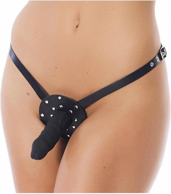 Rimba Leren String Met Strapon - Dildo 3.5 x 12 cm