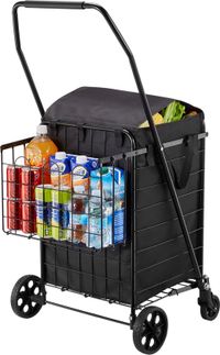VEVOR Chariot de courses, Chariot de courses pliable avec deux paniers, Doublure imperméable et roues, Capacité de charge 45,3 kg, 64 + 10 L Chariot de courses pour le linge, le shopping, le camping et les courses