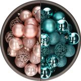 Bellatio Decorations Kerstballen mix - 74-delig - turquoise blauw en lichtroze - 6 cm - kunststof