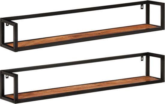 vidaXL Wandschappen - 2 stuks - 110x17x17 cm - Massief Acaciahout en IJzer