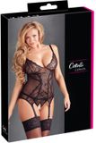 Cottelli Plus Size – Sexy Jarretel Set met Licht Transparante Motieven en Open Kruis – Maat XL – Zwart