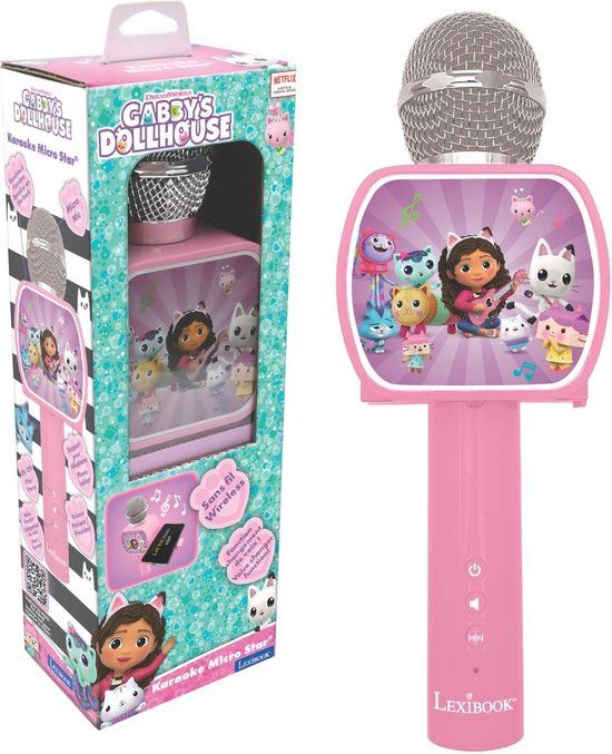 Lexibook Gabby's Dollhouse Draadloze Microfoon met luidspreker, stemvervormer, uitschuifbare telefoonhouder en Bluetooth-optie