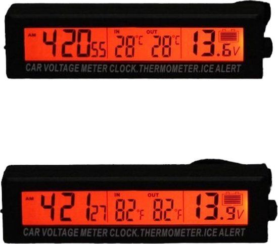 Merkloos 3 in 1 Auto Klokje met Temperatuur & Voltage meter - LED Klok - Zwart