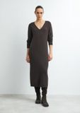 comma - Vrouwen Oversized gebreide jurk van een wolmix - Lange mouw - V-hals - Kuithoogte - Effen - Donkerbruin - Maat 38