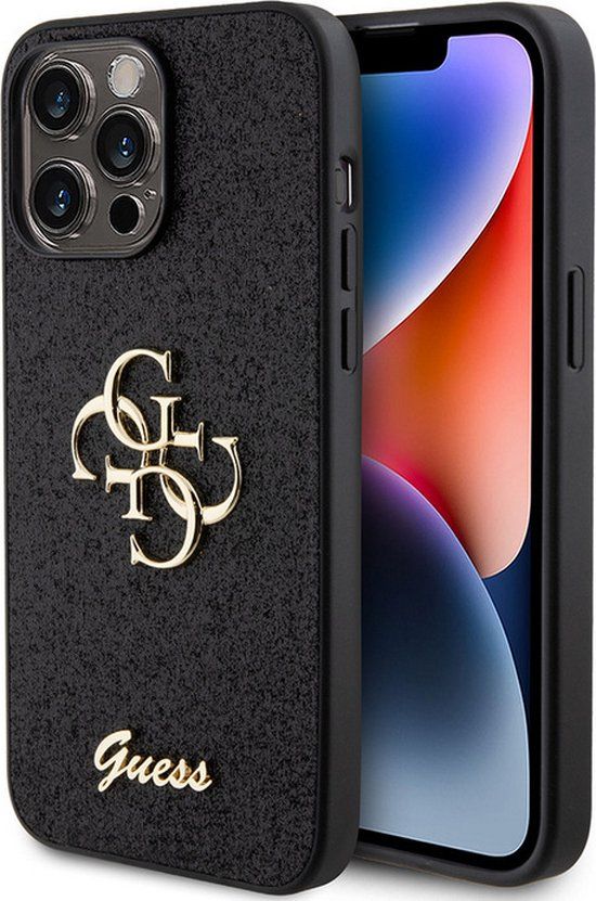 Guess 4G Logo Glitter Back Case - Apple iPhone 15 Pro Max - Zwart