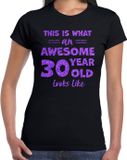 Bellatio Decorations Verkleed T-shirt dames - leeftijd 30 jaar - awesome - zwart - glitter paars - Verjaardag S