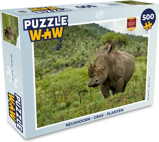 MuchoWow Puzzel Neushoorn - Gras - Planten - Legpuzzel - Puzzel 500 stukjes