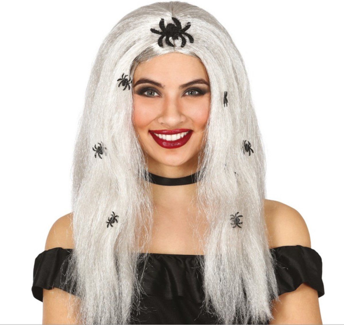 Guirca Halloween - Grijze horror pruik met spinnen voor dames