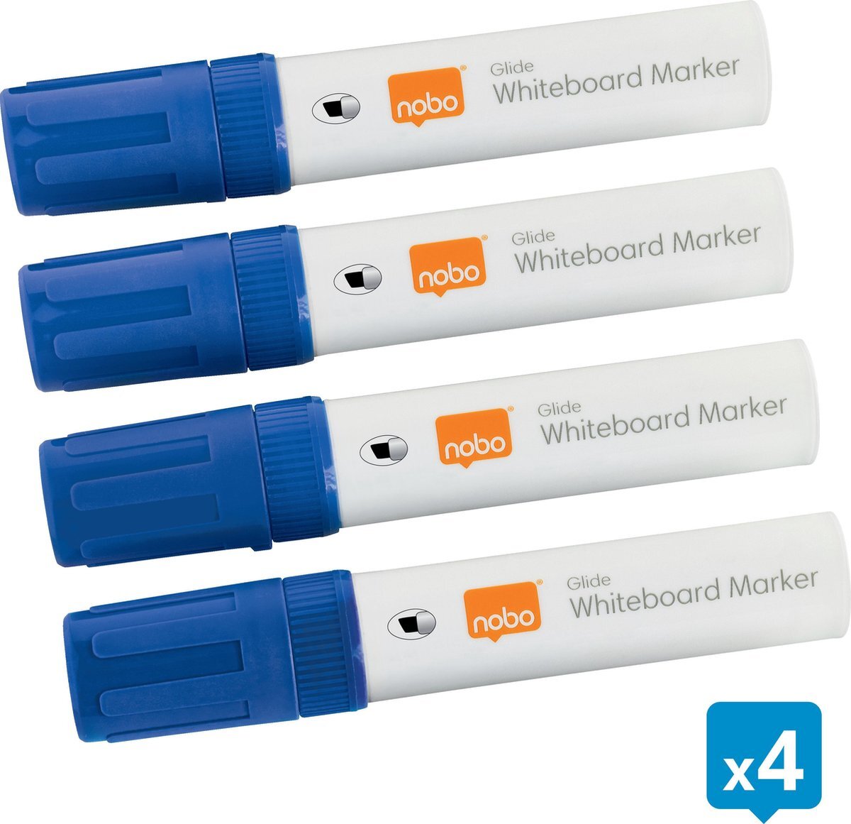 Nobo Glide Whiteboard Markers - Whiteboard Stiften Met Grote Beitelvormige Punt - 4 Stuks - Blauw