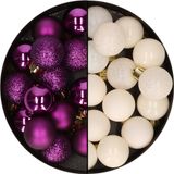 Decoris Boules de Noël - 28x Pièces - Laine Blanc et Violet - 3 cm - Plastique