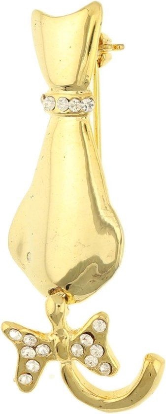 Merkloos / Sans marque Behave® Broche poes kat met strikje goud kleur 5 cm