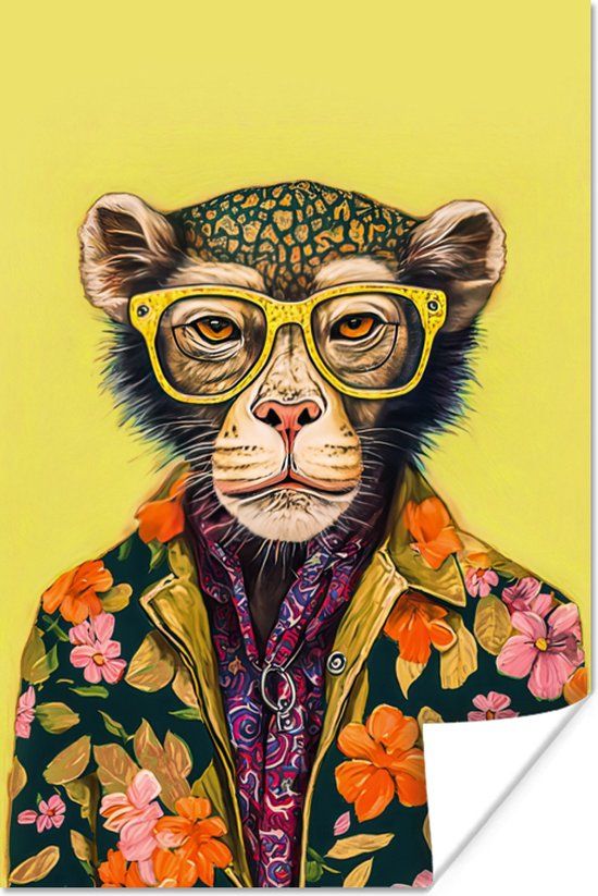 PosterMonkey Poster Aap - Dieren - Bril - Design - Bloemen - 20x30 cm
