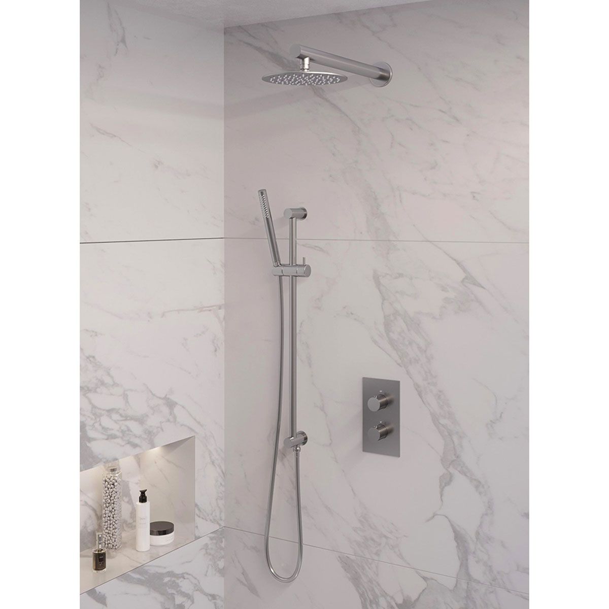 Brauer Regendoucheset 37 Inbouw Muur Brushed Edition 20cm Rond Geborsteld Nikkel PVD 2 Greeps 3-weg met Thermostaatkraan Glijstang en Staafhanddouche