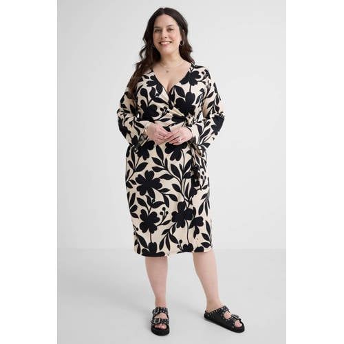GREAT LOOKS crinkle wikkeljurk met bloemenprint zwart/wit