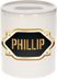 Bellatio Decorations Spaarpot met voornaam Phillip - wit - met goud/zwart embleem - 8 x 9 cm - keramiek - met afsluitdop - cadeau verjaardag