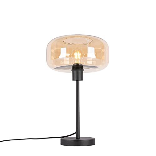 QAZQA Art Deco Art Deco Tafellamp Zwart met Amber Glas - Bizle glas / staal rond geschikt voor LED max. 1 x 25 Watt