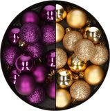 Decoris Kleine Kerstballen - 28 stuks - Goud en Paars - 3 cm - Kunststof
