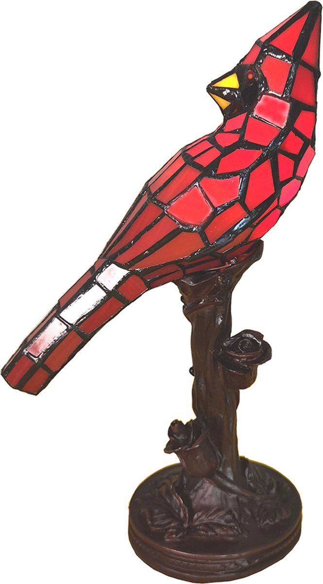 HAES deco - Tiffany Tafellamp Vogel 15x12x33 cm Rood Kunststof Glas Tiffany Bureaulamp Tiffany Lampen Glas in Lood