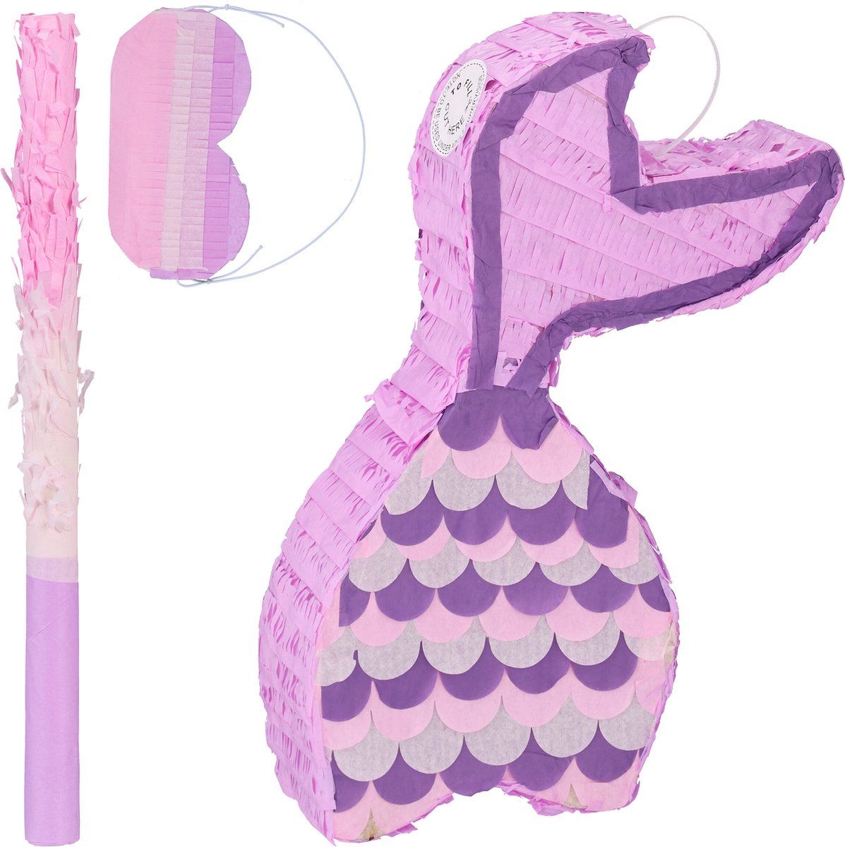 Relaxdays piñata zeemeermin, met stok en blinddoek, zelf vullen, H x B x D: 37,5 x 20 x 8 cm, meisjes, paars/roze