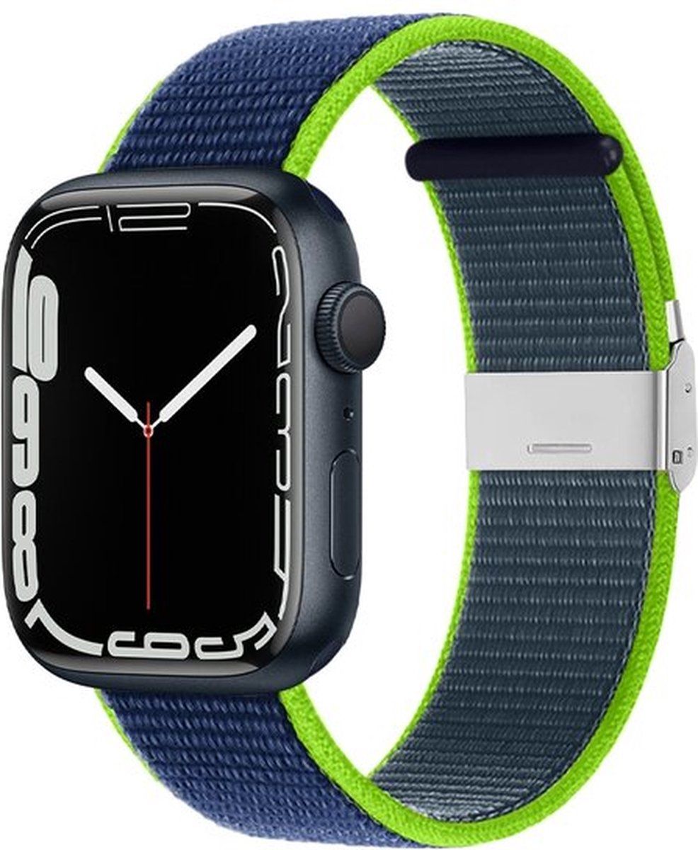 By Qubix Qubix Compatible Apple watch bandje - Nylon bandje met klemsluiting - Donkerblauw met groen - Geschikt voor Apple Watch 42 / 44 / 45 / Ultra / 49mm