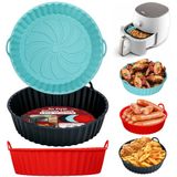 Alyvisun Air Fryer Silicone Pot, 3 Stuks Airfryer Pan Liners Herbruikbare Heteluchtfriteuse Mand Rond Tray Rack Accessoires Basket voor Air Fryers, Magnetron, Oven (Rood+Zwart+Blauw)