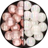 Decoris Kaemingk B.V. 32x stuks kunststof kerstballen mix van lichtroze en parelmoer wit 4 cm