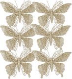 House of Seasons Edelman Bv Kerstboomversiering Vlinder - 6x stuks - 16 cm - champagne glitter - op clip