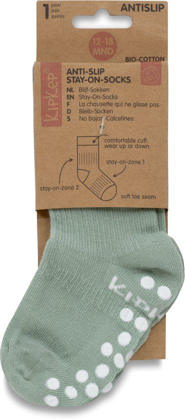 KipKep Blijf-Sokken Antislip - Pale Green - baby peuter sokken - Maat 12-18 maanden - schoenmaat 19-22 - Groen - 1 paar - biologisch katoen