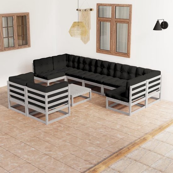 The Living Store Tuinset Grenenhouten - Hoekbank - Middenbank - Tafel - 70x70x67 cm - Grijs - Antraciet Kussens - Massief grenenhout