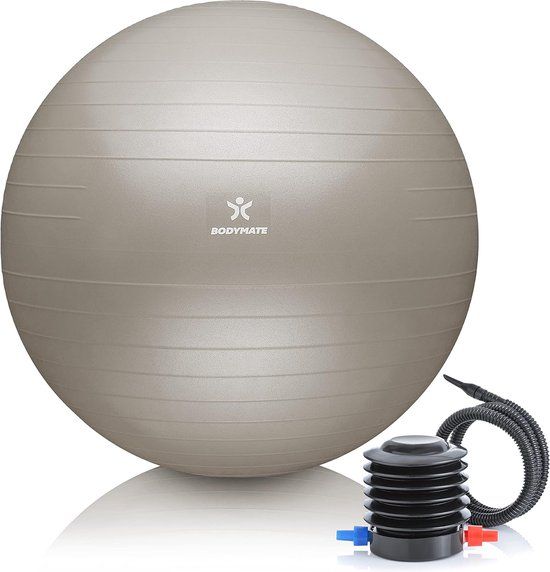 BODYMATE Gymnastiekbal, zitbal, trainingsbal met gratis e-book incl. luchtpomp, bal voor fitness, yoga, gymnastiek, core training, voor sterke rug als bureaustoel - grijs