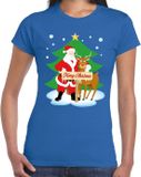 Bellatio Decorations Foute Kerst t-shirt met de kerstman en rendier Rudolf blauw voor dames M