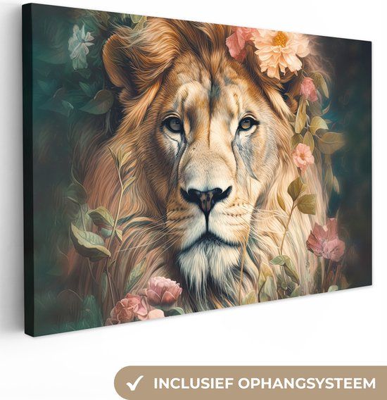 OneMillionCanvasses Canvas schilderij 180x120 cm - Leeuw - Bloemen - Wanddecoratie