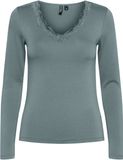 PIECES Barbera Dames shirt Kant lange mouw - Kanten dames ondershirt - Viscose - Blauw / XS