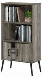 Bibliothèque style mid-century avec pieds en bois, composée de 2 étagères et d'une armoire, couleur chêne gris