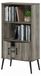Bibliothèque style mid-century avec pieds en bois, composée de 2 étagères et d'une armoire, couleur chêne gris