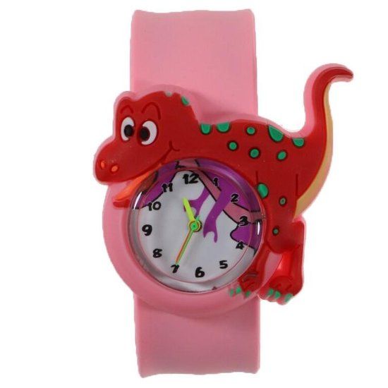 Fako® Slap On Mini Kinderhorloge - Roze/Rood - Dinosaurus - Unisex