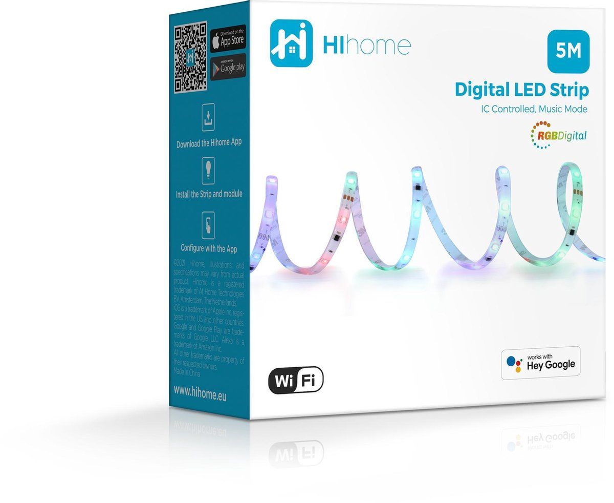 HIHOME RGB Digital WiFi LED Strip met muziek functie - 5M - 120 LEDs - wit