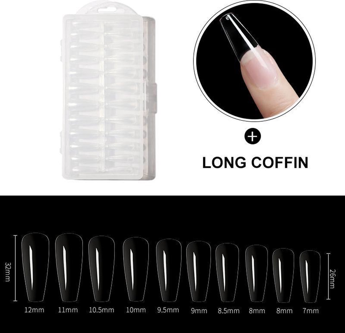 Dermarolling Nageltips Long Coffin 10 maten - 240 stuks