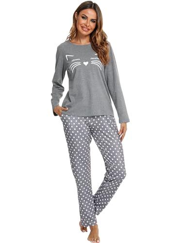 Reliwel Pyjama Dames Lange Pyjama Katoenen Winter Pyjama Set Ronde Hals Top en Pyjamabroek Lange Mouwen Loungewear Nachtkleding Huispak Gezellig Vrijetijdspak