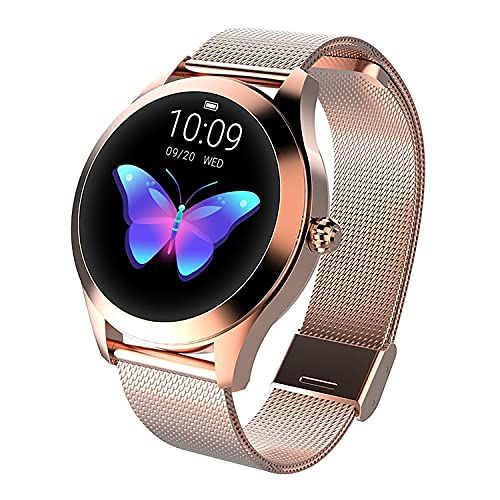 luniqueshop Ronde goudkleurige smartwatch, OLED touchscreen dameshorloge, waterdicht, stappenteller, hartslagmeting, calorieën, slaap, Android, iOS